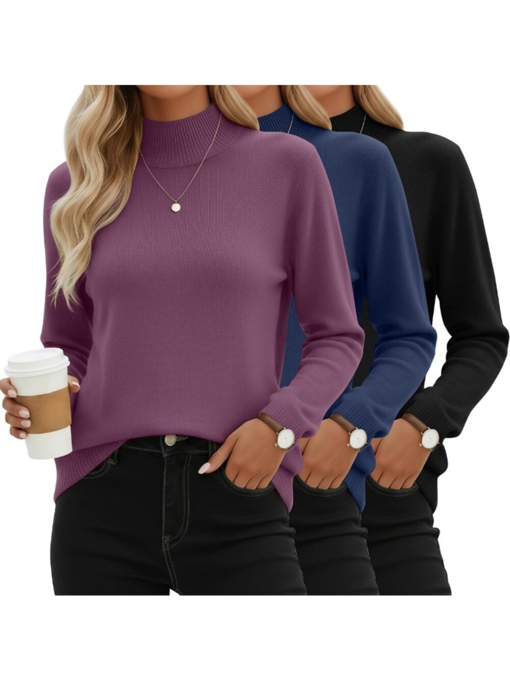 Cozy 3-Pack Women's Mock Turtleneck Sweaters | Stylish Crew Neck Tops